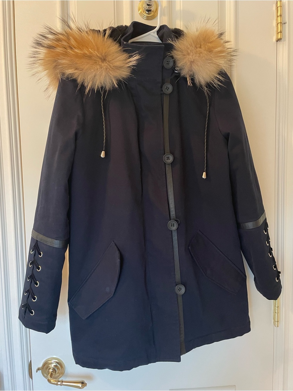 Maje Navy Puffer Parka with Fur-Trim Hood